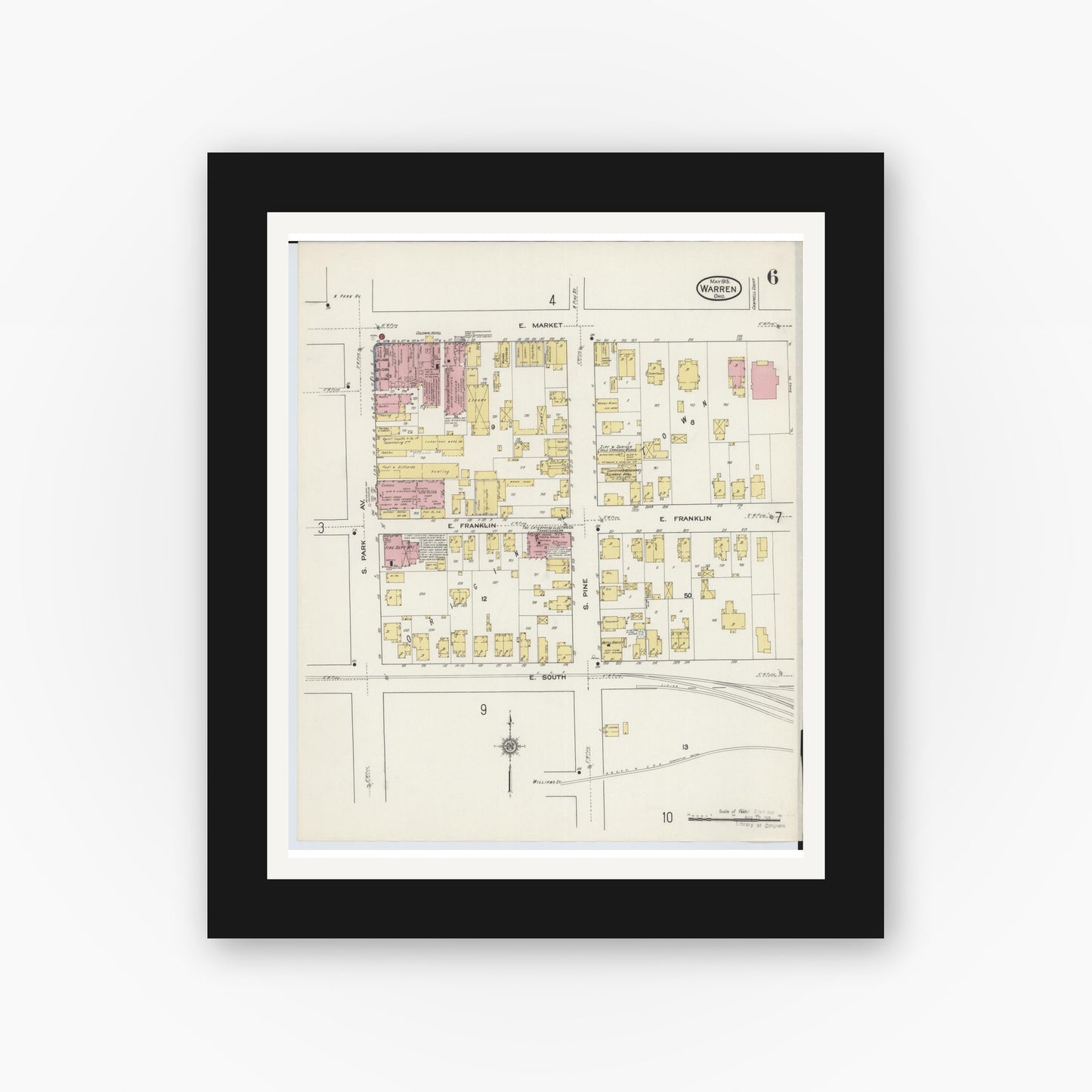 Old map wall art mockup — black gallery frame with white mat — Sanborn Fire Insurance Map from Warren, Trumbull County, Ohio (1915), Sheet #0006