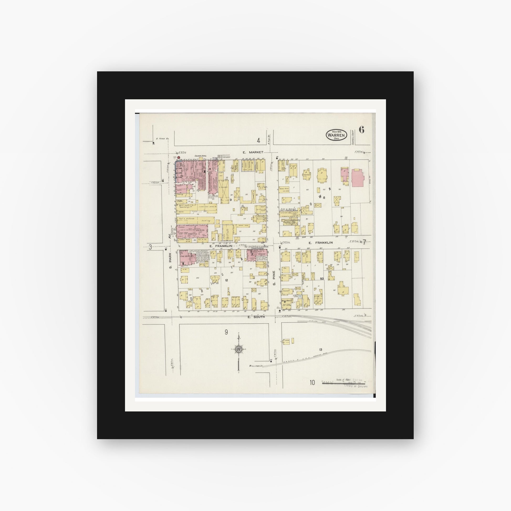 Old map wall art mockup — black gallery frame with white mat — Sanborn Fire Insurance Map from Warren, Trumbull County, Ohio (1915), Sheet #0006
