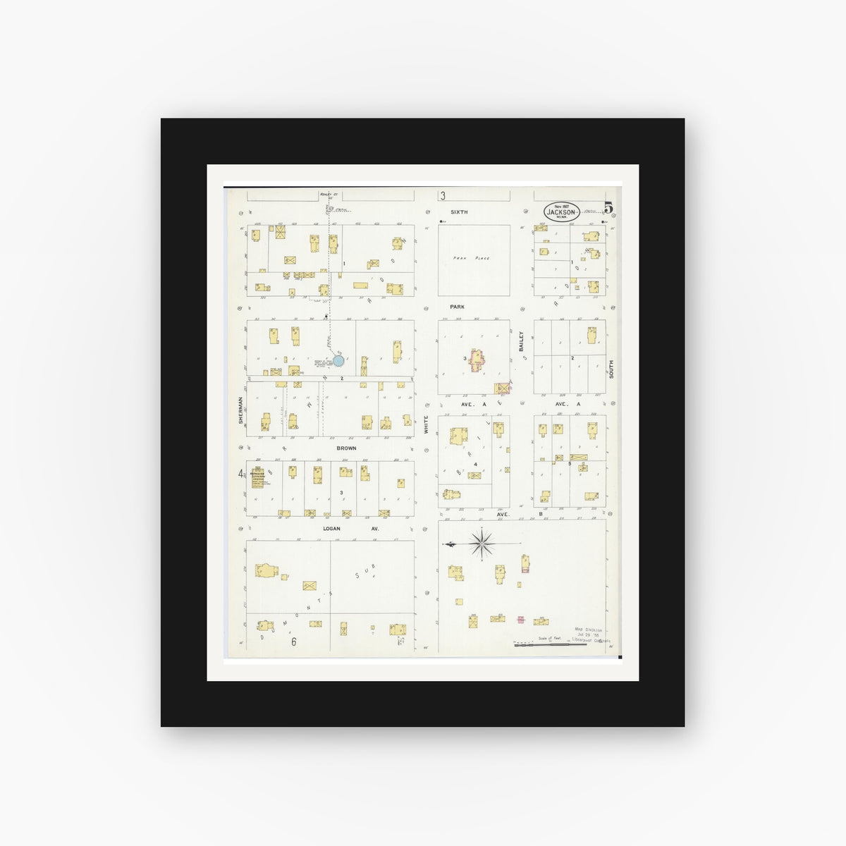 Old map wall art mockup — black gallery frame with white mat — Sanborn Fire Insurance Map from Jackson, Jackson County, Minnesota (1907), Sheet #0005
