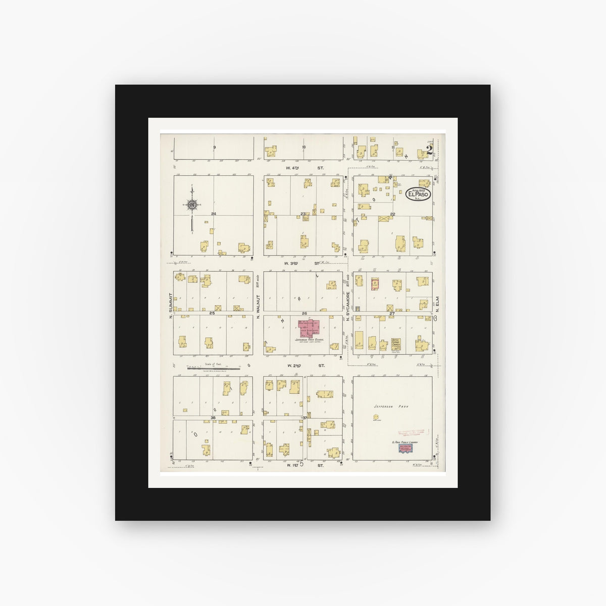 Old map wall art mockup — black gallery frame with white mat — Sanborn Fire Insurance Map from El Paso, Woodford County, Illinois (1922), Sheet #0002