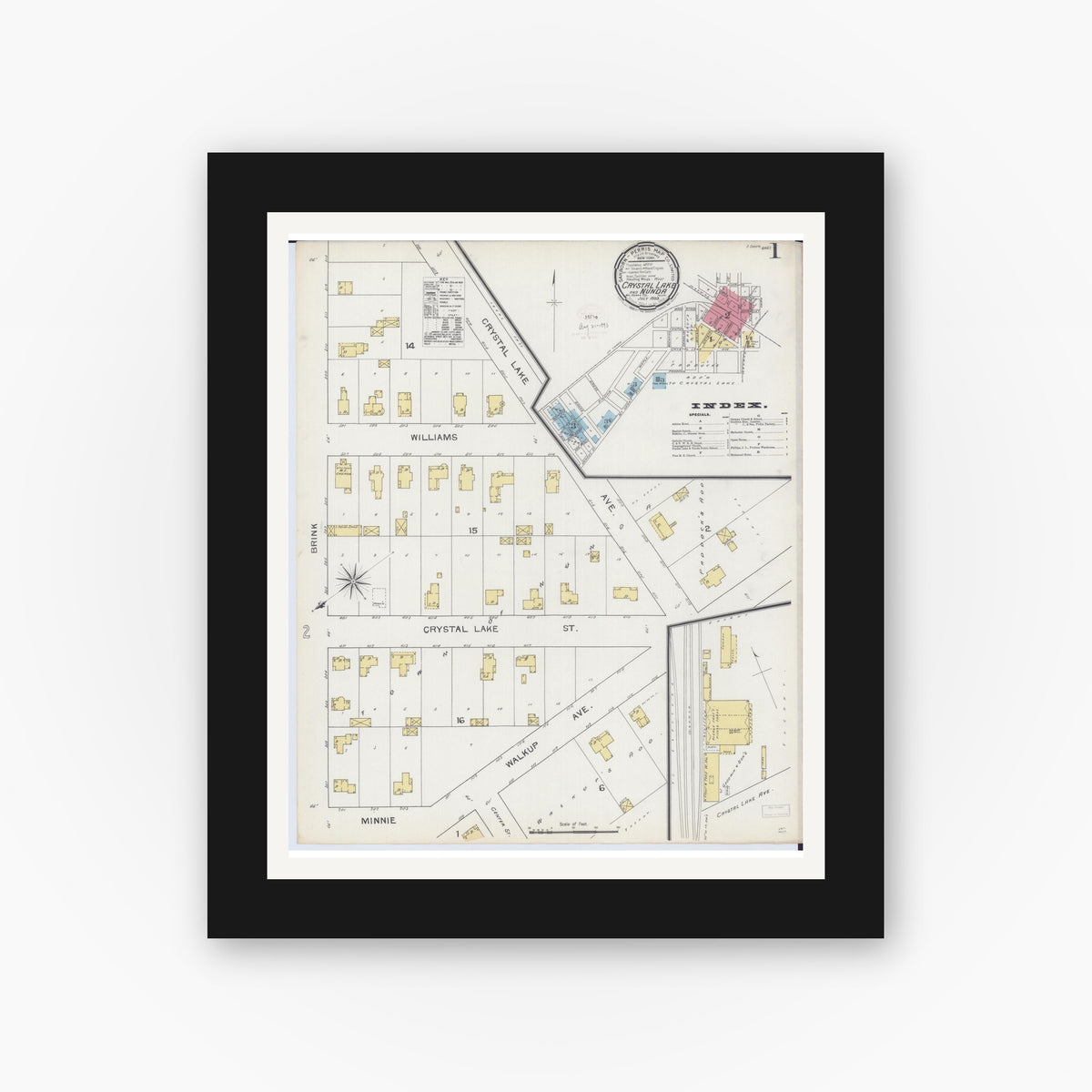 Old map wall art mockup — black gallery frame with white mat — Sanborn Fire Insurance Map from Crystal Lake, McHenry County, Illinois (1893), Sheet #0001