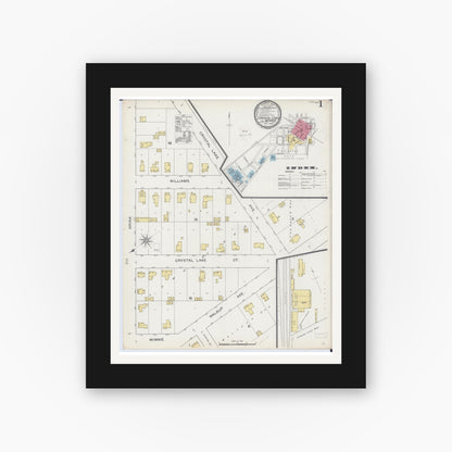 Old map wall art mockup — black gallery frame with white mat — Sanborn Fire Insurance Map from Crystal Lake, McHenry County, Illinois (1893), Sheet #0001