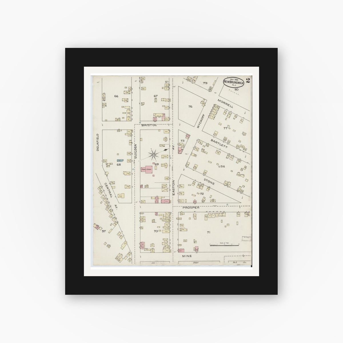 Old map wall art mockup — black gallery frame with white mat — Sanborn Fire Insurance Map from New Brunswick, Middlesex County, New Jersey (1886) - Complete Map Set