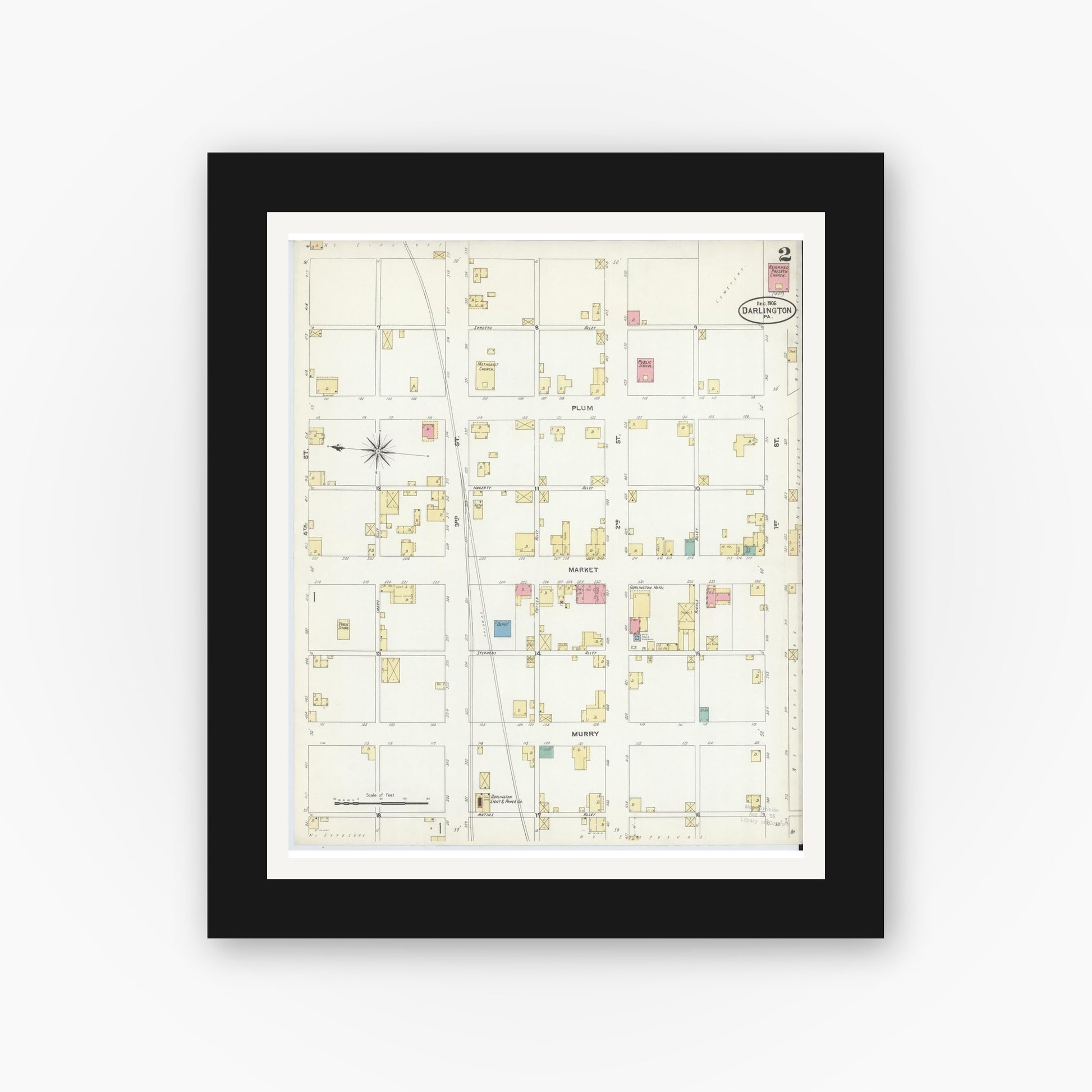 Old map wall art mockup — black gallery frame with white mat — Sanborn Fire Insurance Map from Darlington, Beaver County, Pennsylvania (1906), Sheet #0002