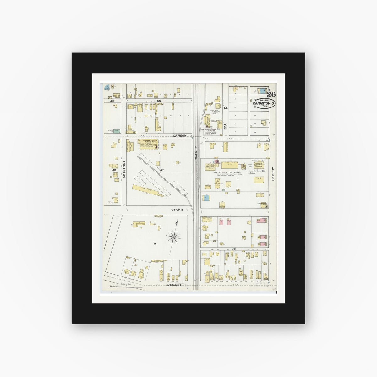 Old map wall art mockup — black gallery frame with white mat — Sanborn Fire Insurance Map from San Antonio, Bexar County, Texas (1892), Sheet #0026