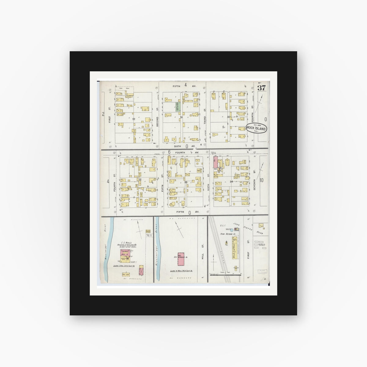 Old map wall art mockup — black gallery frame with white mat — Sanborn Fire Insurance Map from Rock Island, Rock Island County, Illinois (1898), Sheet #0037