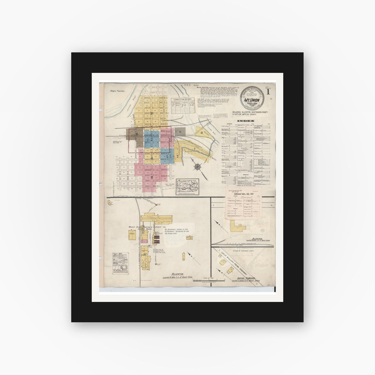 Old map wall art mockup — black gallery frame with white mat — Sanborn Fire Insurance Map from Mount Union, Huntingdon County, Pennsylvania (1944), Sheet #0001