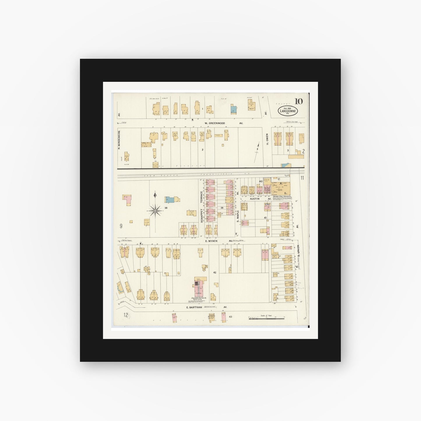 Old map wall art mockup — black gallery frame with white mat — Sanborn Fire Insurance Map from Lansdowne, Delaware County, Pennsylvania (1908), Sheet #0010