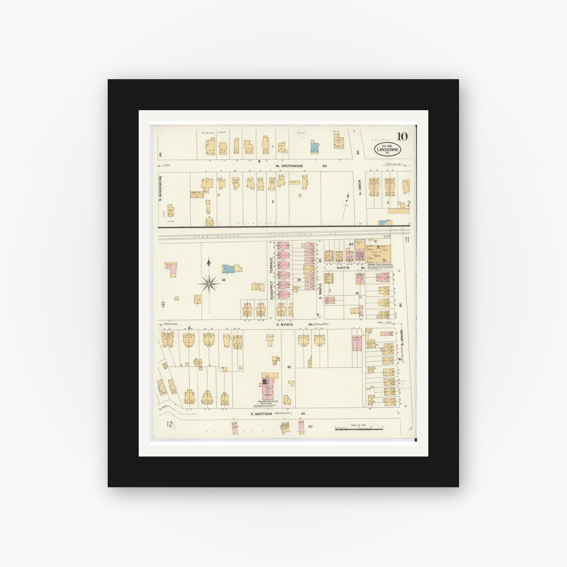 Old map wall art mockup — black gallery frame with white mat — Sanborn Fire Insurance Map from Lansdowne, Delaware County, Pennsylvania (1908), Sheet #0010