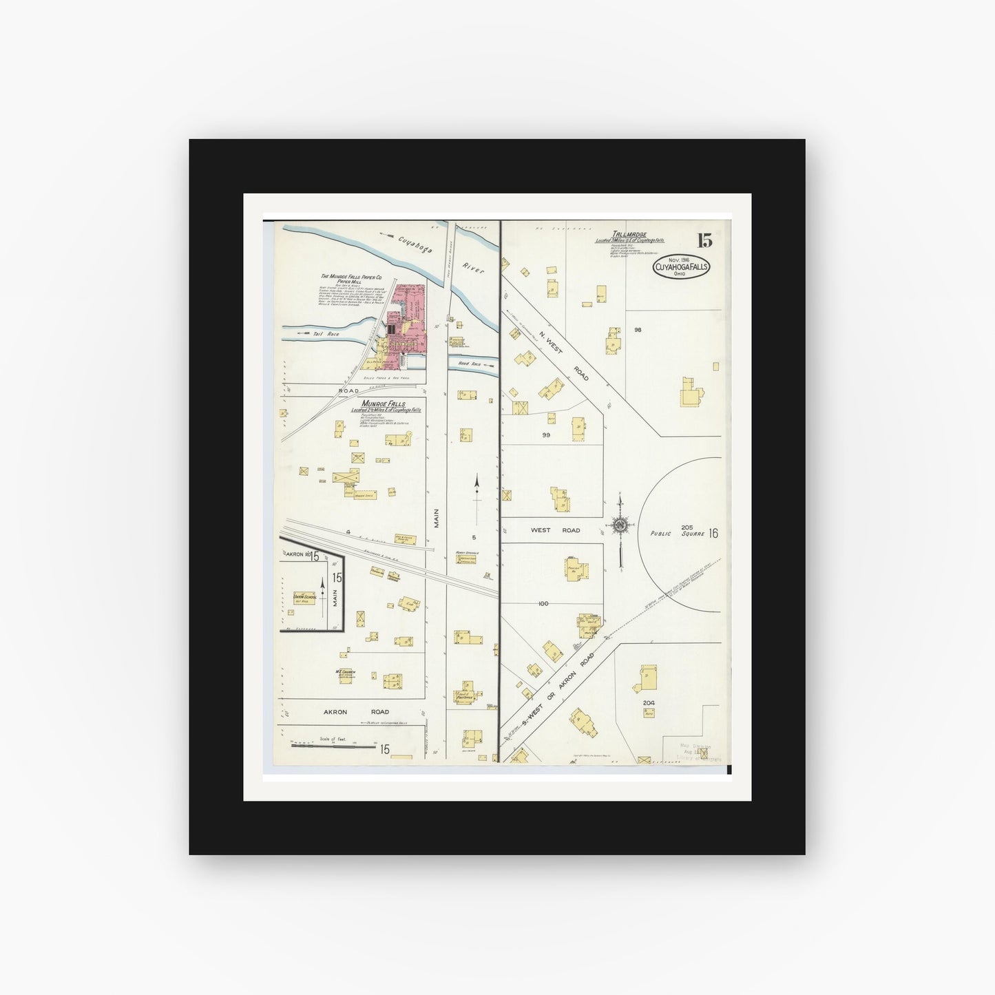 Old map wall art mockup — black gallery frame with white mat — Sanborn Fire Insurance Map from Cuyahoga Falls, Summit County, Ohio (1916), Sheet #0015