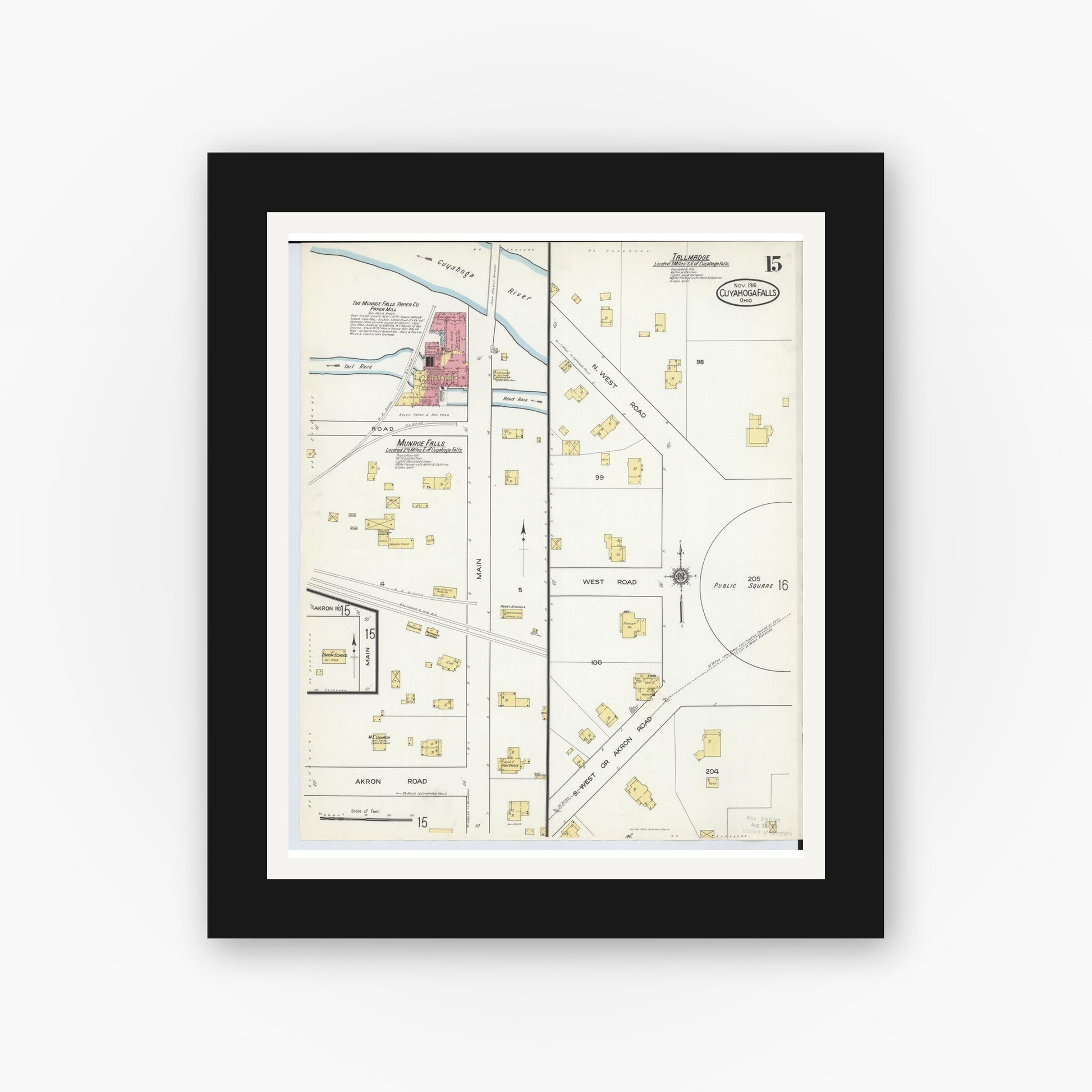 Old map wall art mockup — black gallery frame with white mat — Sanborn Fire Insurance Map from Cuyahoga Falls, Summit County, Ohio (1916), Sheet #0015