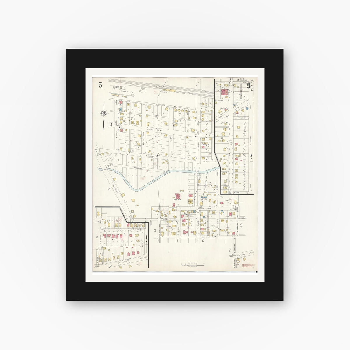 Old map wall art mockup — black gallery frame with white mat — Sanborn Fire Insurance Map from Union, Franklin County, Missouri (1935), Sheet #0005