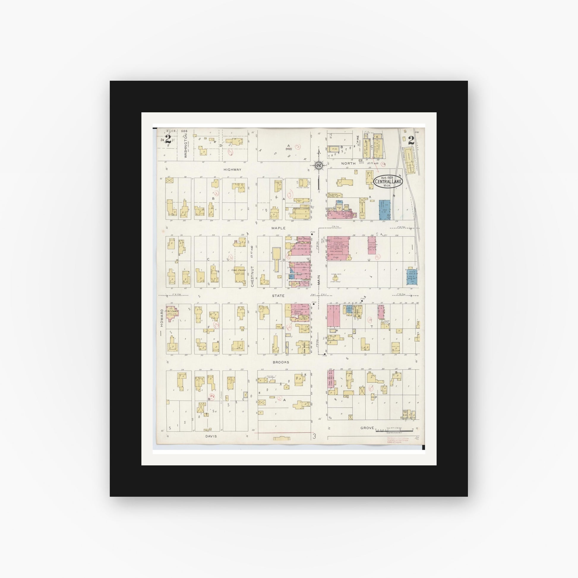 Old map wall art mockup — black gallery frame with white mat — Sanborn Fire Insurance Map from Central Lake, Antrim County, Michigan (1929), Sheet #0002