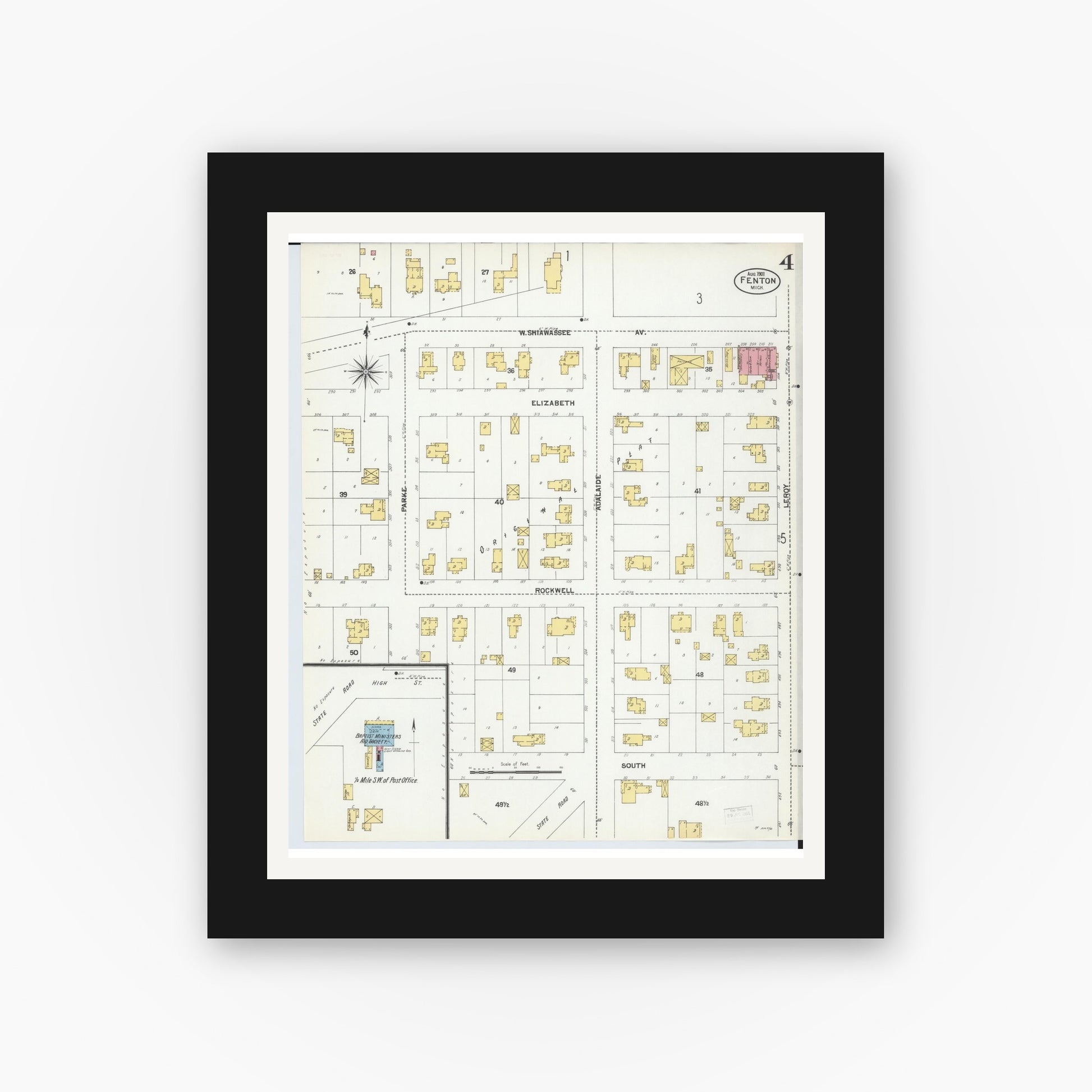 Old map wall art mockup — black gallery frame with white mat — Sanborn Fire Insurance Map from Fenton, Genesee County, Michigan (1901), Sheet #0004