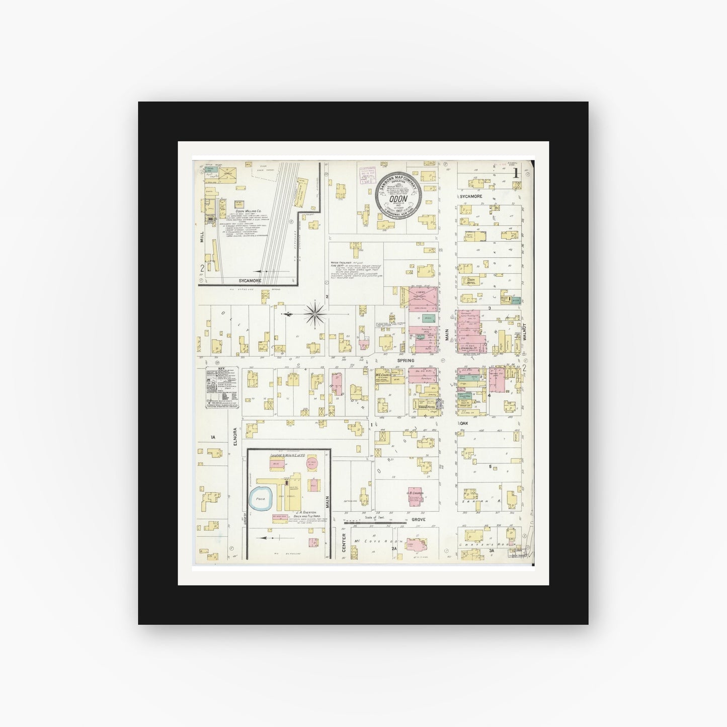 Old map wall art mockup — black gallery frame with white mat — Sanborn Fire Insurance Map from Odon, Daviess County, Indiana (1907) - Complete Map Set