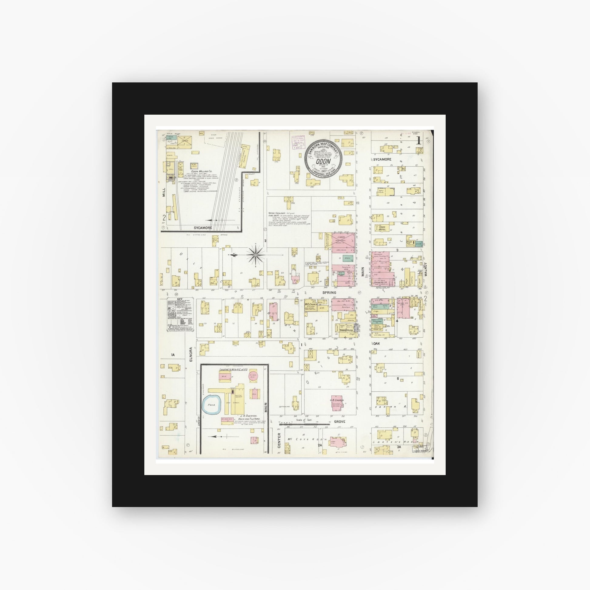 Old map wall art mockup — black gallery frame with white mat — Sanborn Fire Insurance Map from Odon, Daviess County, Indiana (1907) - Complete Map Set