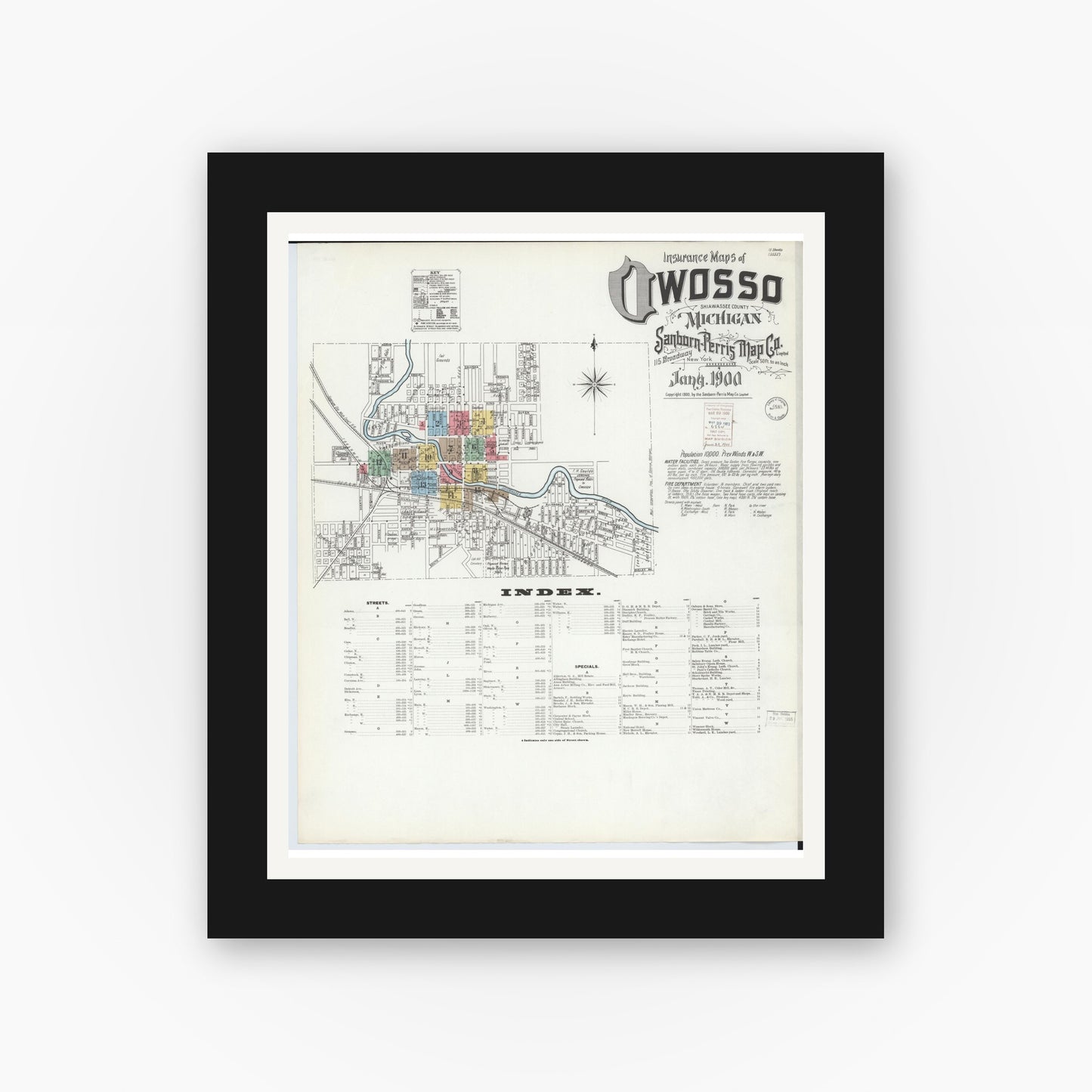 Old map wall art mockup — black gallery frame with white mat — Sanborn Fire Insurance Map from Owosso, Shiawassee County, Michigan (1900) - Complete Map Set