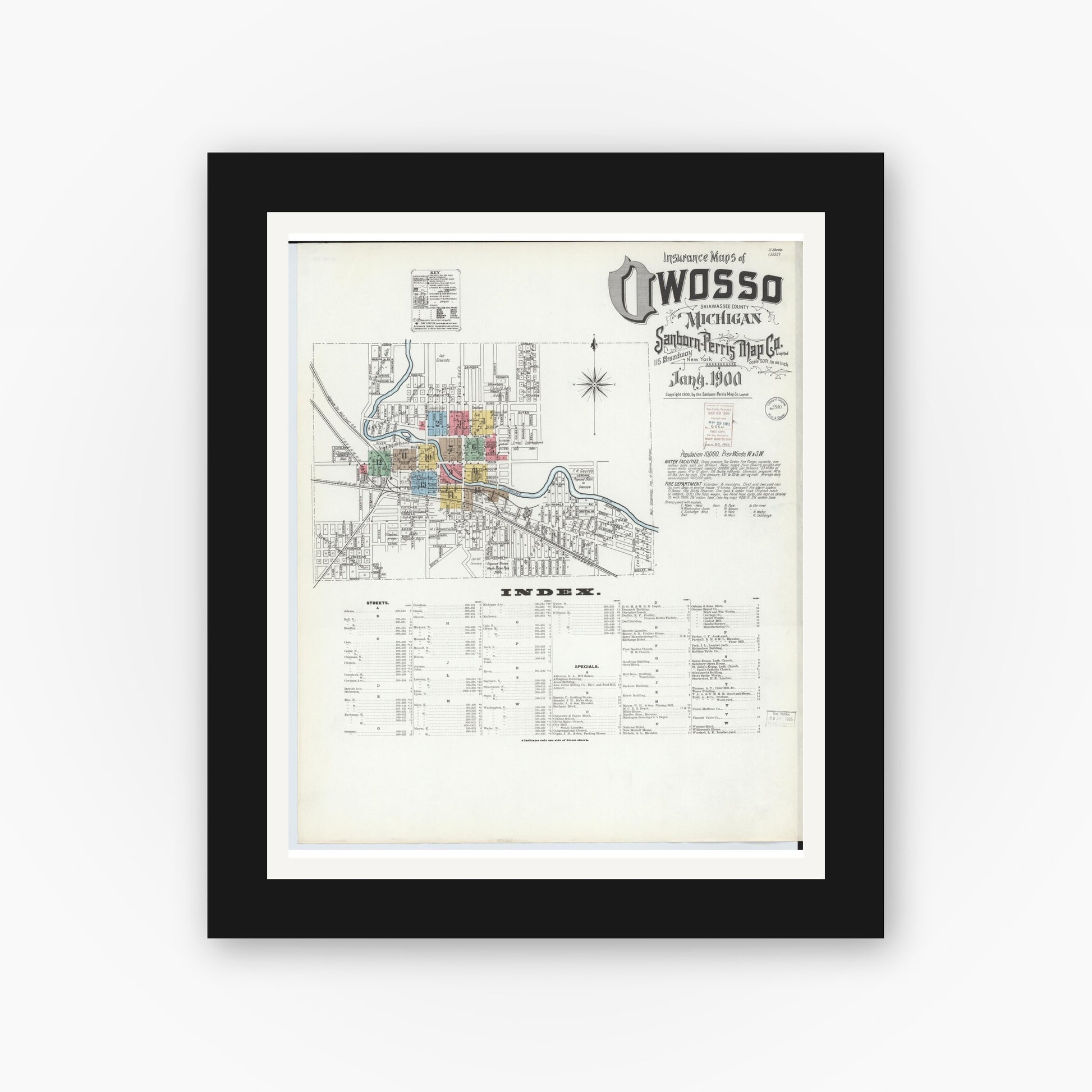 Old map wall art mockup — black gallery frame with white mat — Sanborn Fire Insurance Map from Owosso, Shiawassee County, Michigan (1900) - Complete Map Set