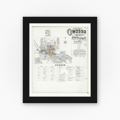Old map wall art mockup — black gallery frame with white mat — Sanborn Fire Insurance Map from Owosso, Shiawassee County, Michigan (1900) - Complete Map Set