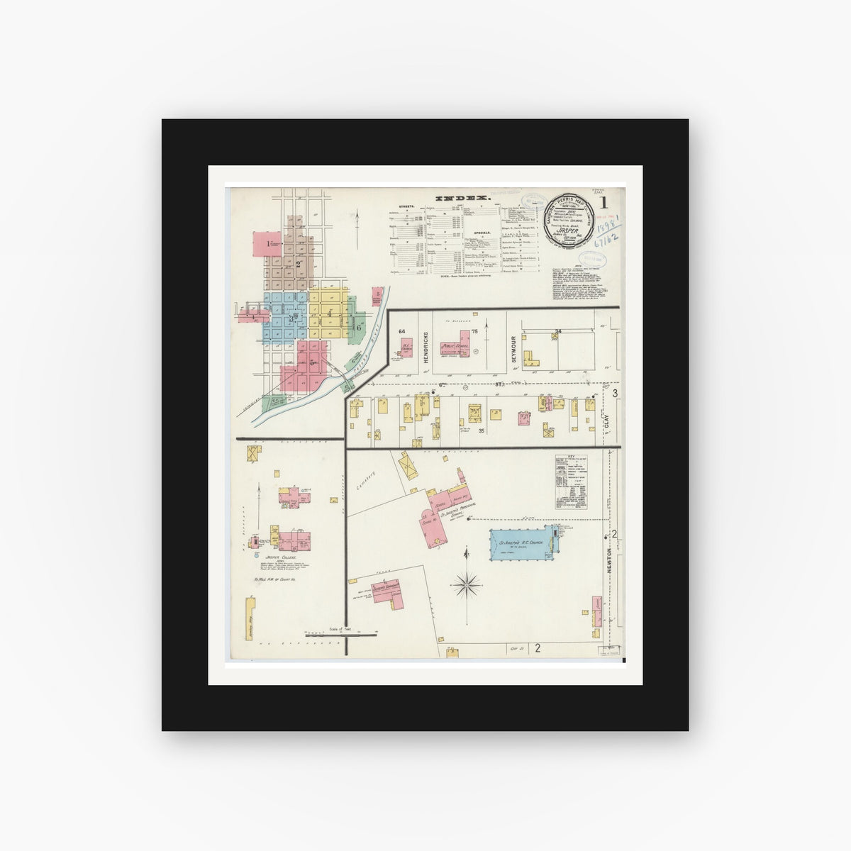 Old map wall art mockup — black gallery frame with white mat — Sanborn Fire Insurance Map from Jasper, Dubois County, Indiana (1898) - Complete Map Set