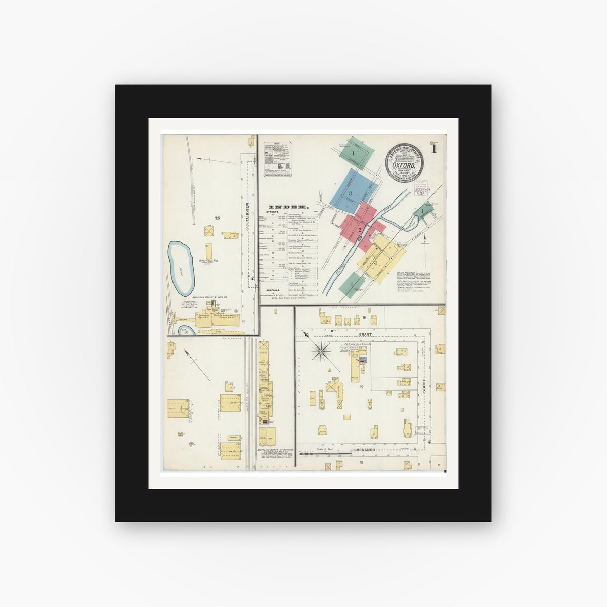 Old map wall art mockup — black gallery frame with white mat — Sanborn Fire Insurance Map from Oxford, Chenango County, New York (1903) - Complete Map Set