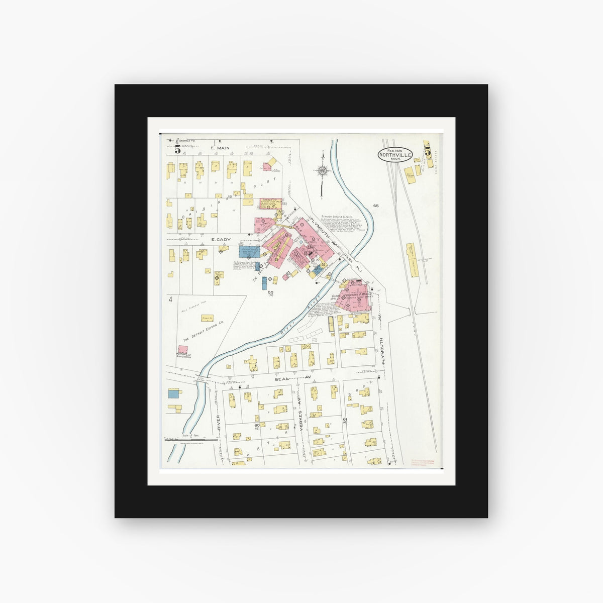 Old map wall art mockup — black gallery frame with white mat — Sanborn Fire Insurance Map from Northville, Wayne County, Michigan (1926), Sheet #0005
