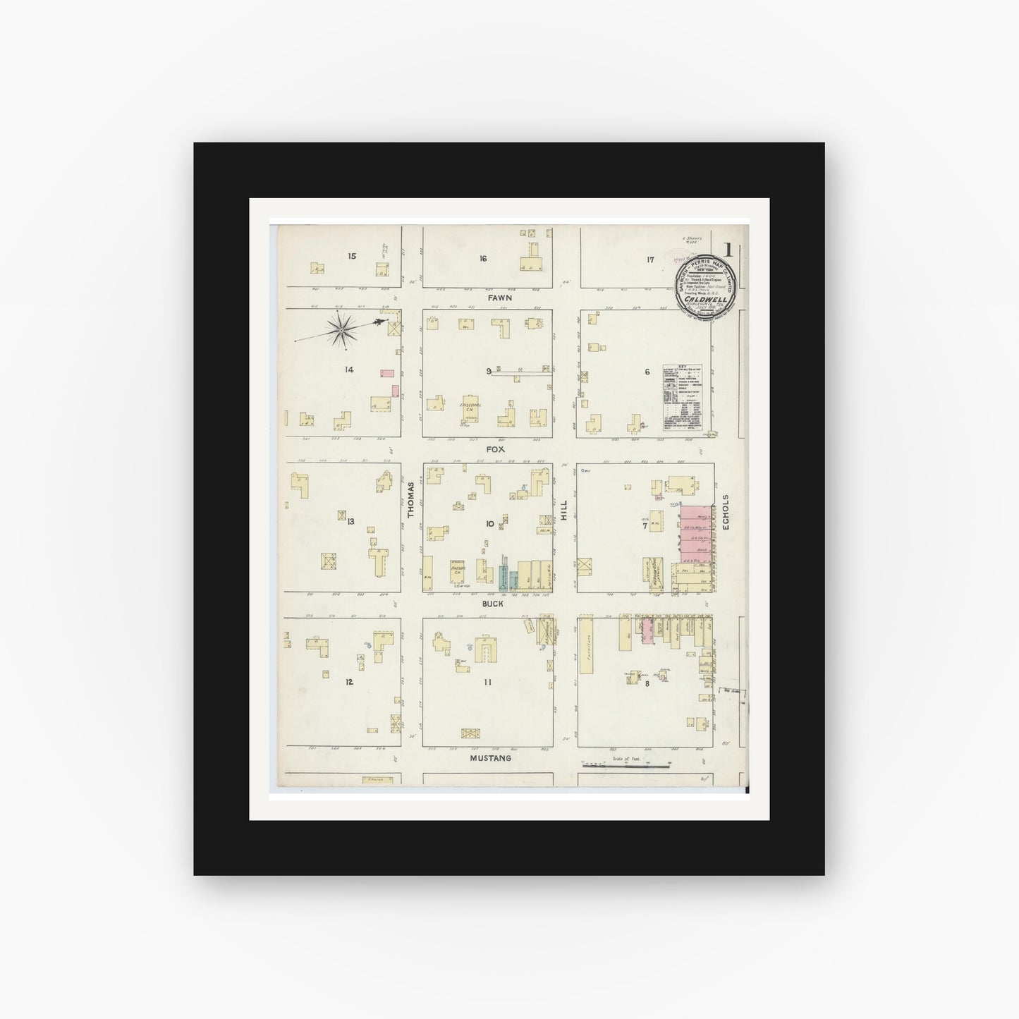 Old map wall art mockup — black gallery frame with white mat — Sanborn Fire Insurance Map from Caldwell, Burleson County, Texas (1891) - Complete Map Set