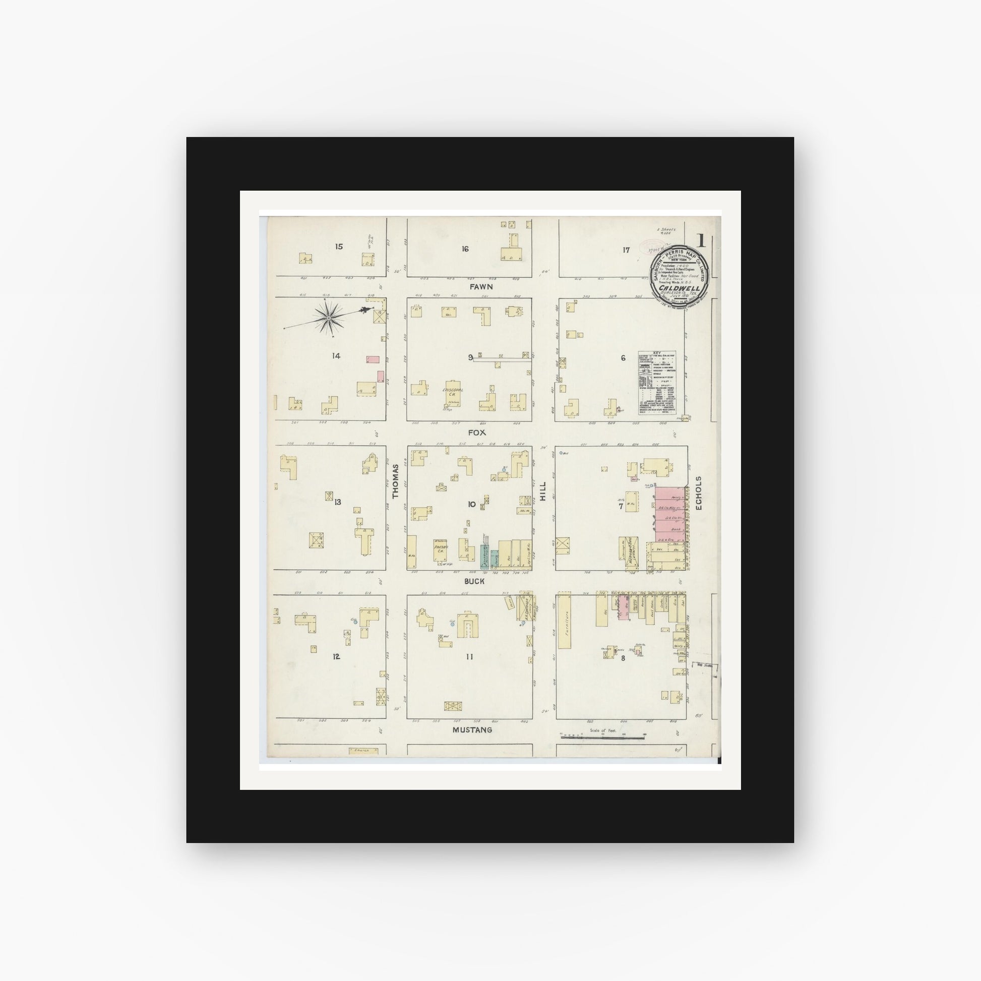 Old map wall art mockup — black gallery frame with white mat — Sanborn Fire Insurance Map from Caldwell, Burleson County, Texas (1891) - Complete Map Set