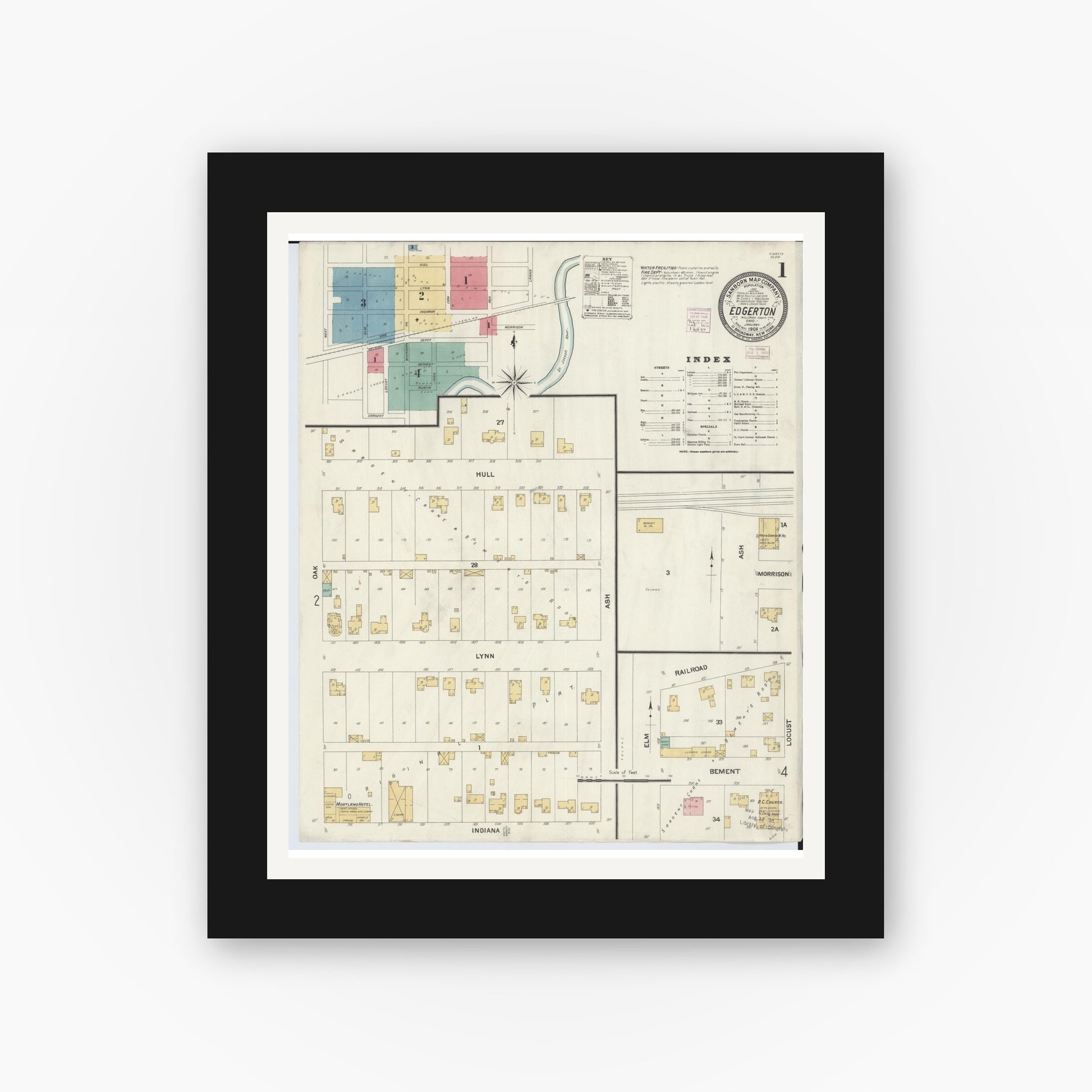 Old map wall art mockup — black gallery frame with white mat — Sanborn Fire Insurance Map from Edgerton, Williams County, Ohio (1908) - Complete Map Set