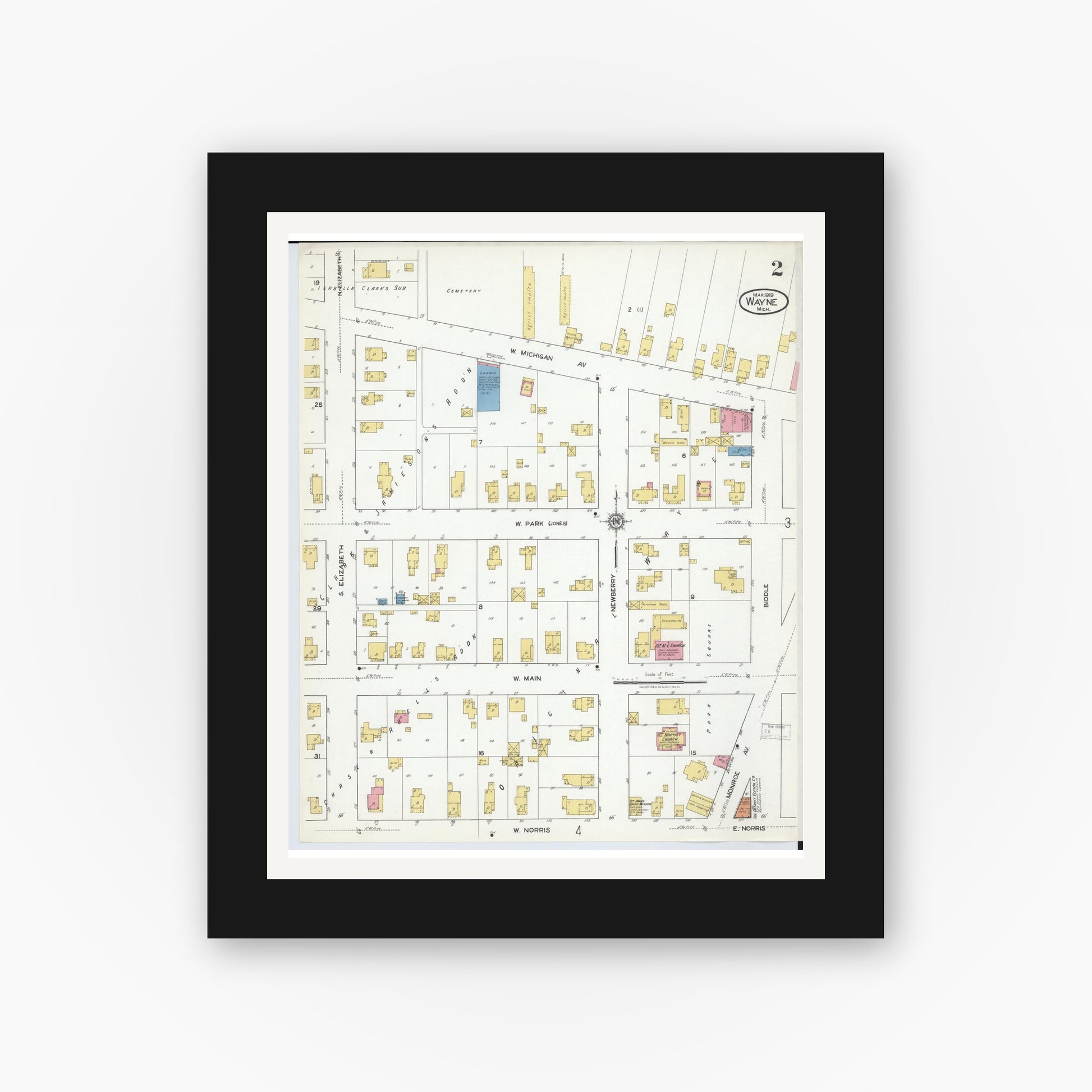 Old map wall art mockup — black gallery frame with white mat — Sanborn Fire Insurance Map from Wayne, Wayne County, Michigan (1919), Sheet #0002