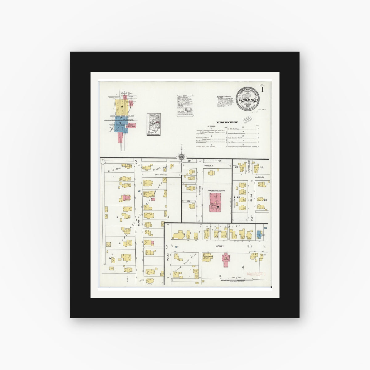 Old map wall art mockup — black gallery frame with white mat — Sanborn Fire Insurance Map from Farmland, Randolph County, Indiana (1920) - Complete Map Set