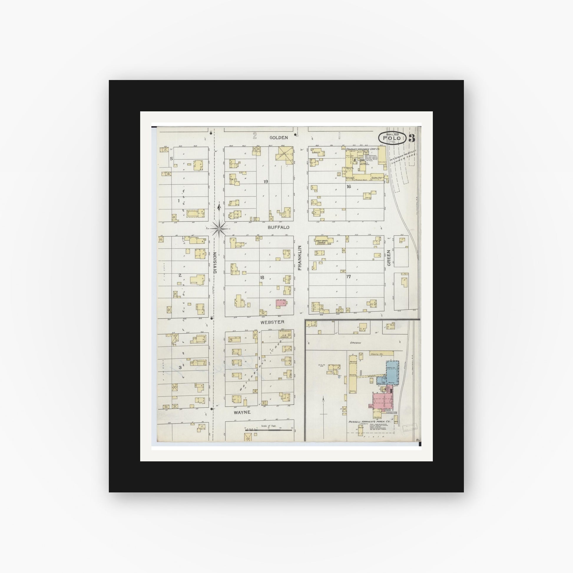 Old map wall art mockup — black gallery frame with white mat — Sanborn Fire Insurance Map from Polo, Ogle County, Illinois (1893), Sheet #0003