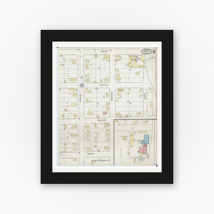 Old map wall art mockup — black gallery frame with white mat — Sanborn Fire Insurance Map from Polo, Ogle County, Illinois (1893), Sheet #0003