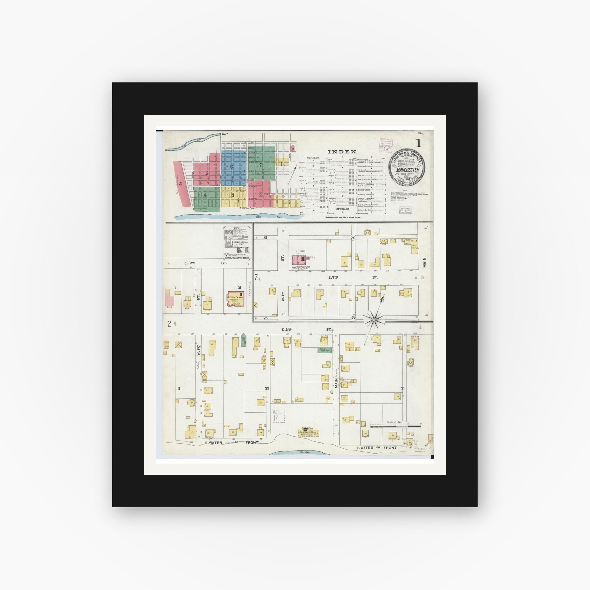 Old map wall art mockup — black gallery frame with white mat — Sanborn Fire Insurance Map from Manchester, Adams County, Ohio (1904) - Complete Map Set