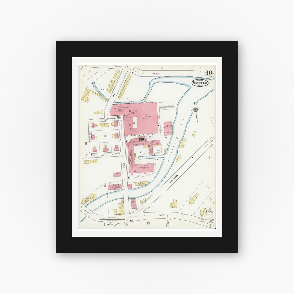 Old map wall art mockup — black gallery frame with white mat — Sanborn Fire Insurance Map from Southbridge, Worcester County, Massachusetts (1918), Sheet #0010