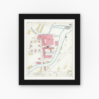 Old map wall art mockup — black gallery frame with white mat — Sanborn Fire Insurance Map from Southbridge, Worcester County, Massachusetts (1918), Sheet #0010