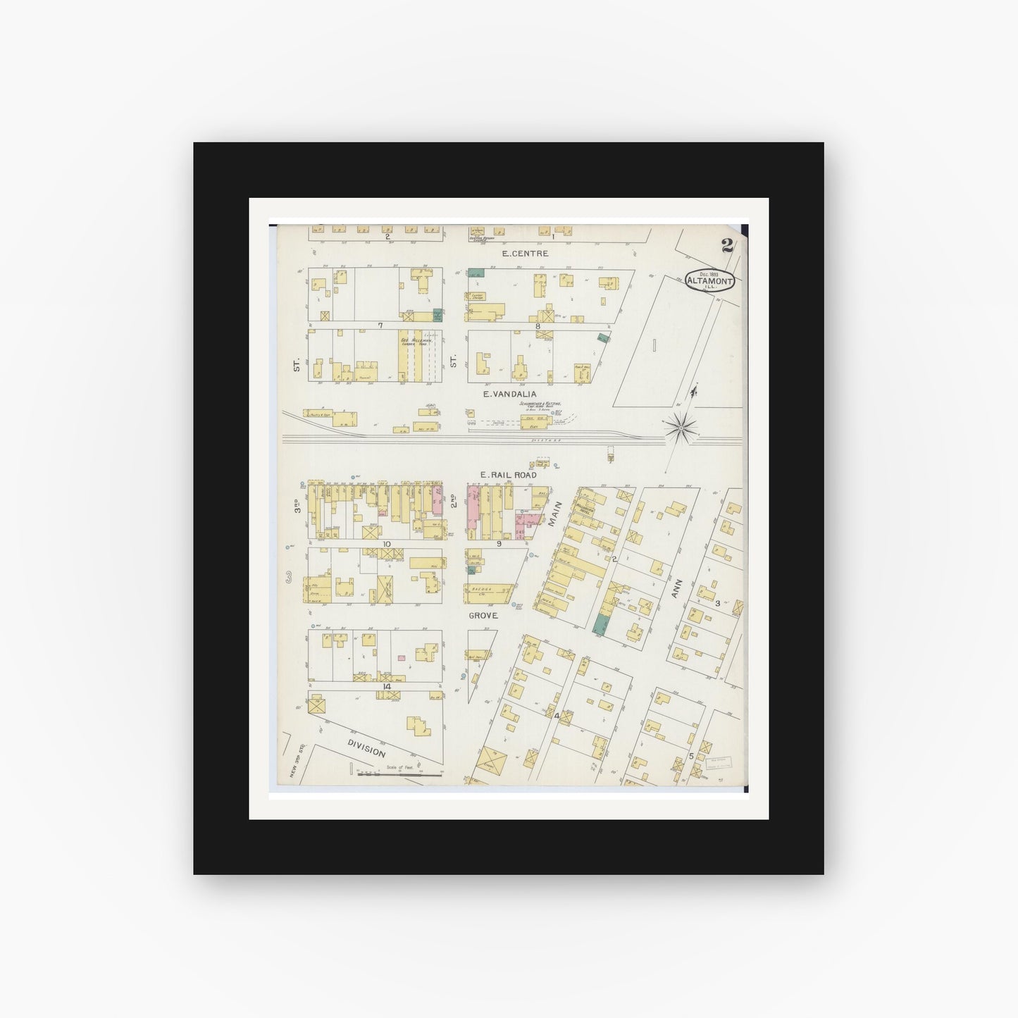 Old map wall art mockup — black gallery frame with white mat — Sanborn Fire Insurance Map from Altamont, Effingham County, Illinois (1893), Sheet #0002