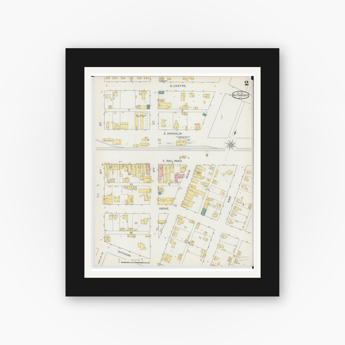 Old map wall art mockup — black gallery frame with white mat — Sanborn Fire Insurance Map from Altamont, Effingham County, Illinois (1893), Sheet #0002