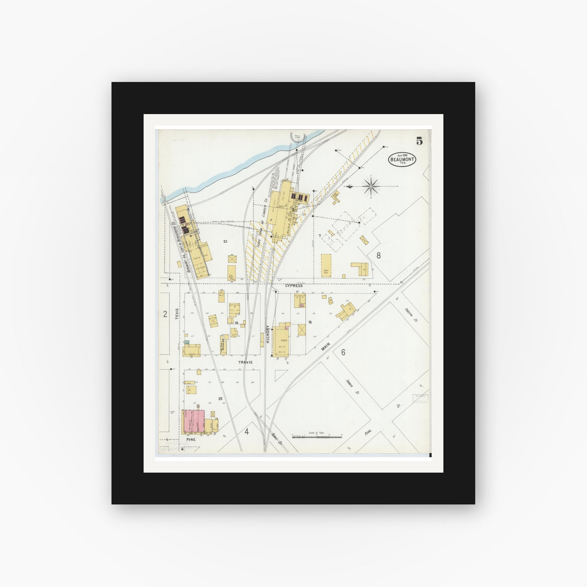 Old map wall art mockup — black gallery frame with white mat — Sanborn Fire Insurance Map from Beaumont, Jefferson County, Texas (1899), Sheet #0005