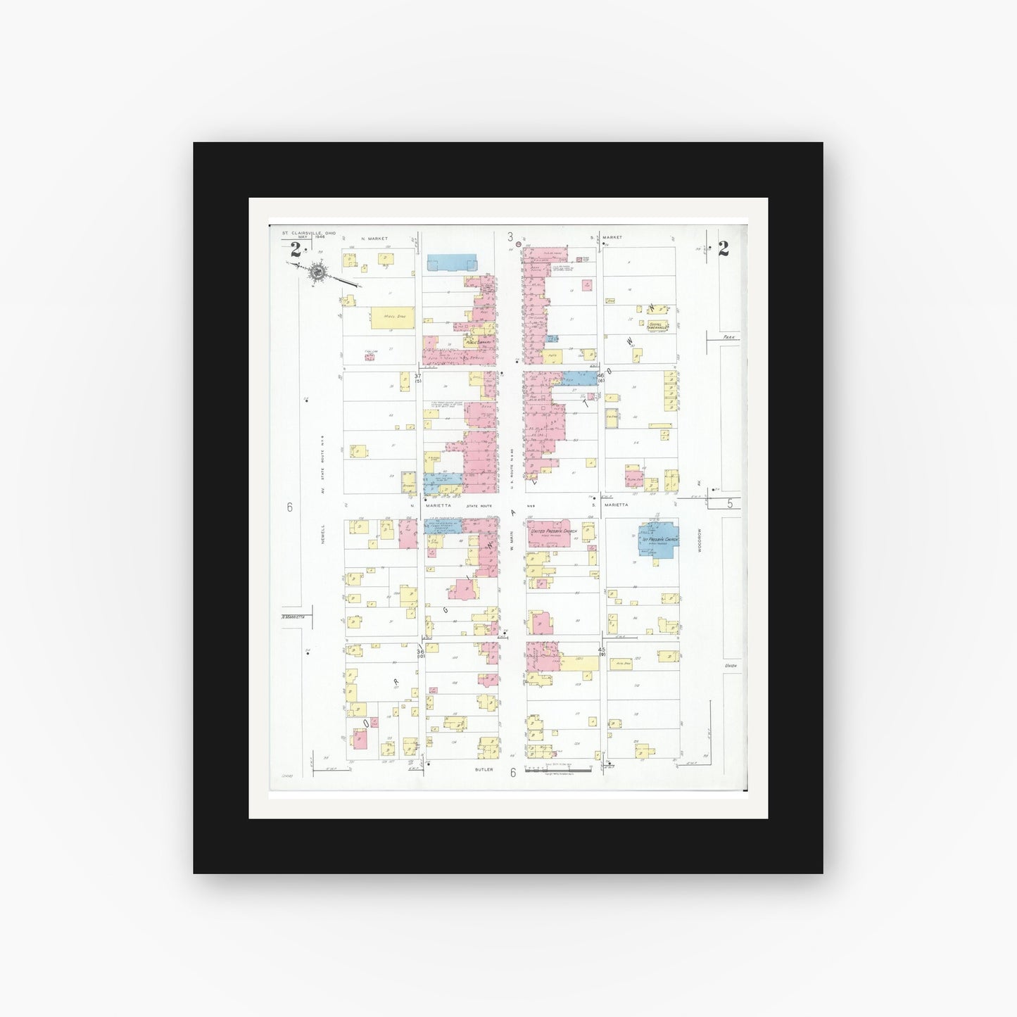 Old map wall art mockup — black gallery frame with white mat — Sanborn Fire Insurance Map from Saint Clairsville, Belmont County, Ohio (1946), Sheet #0002