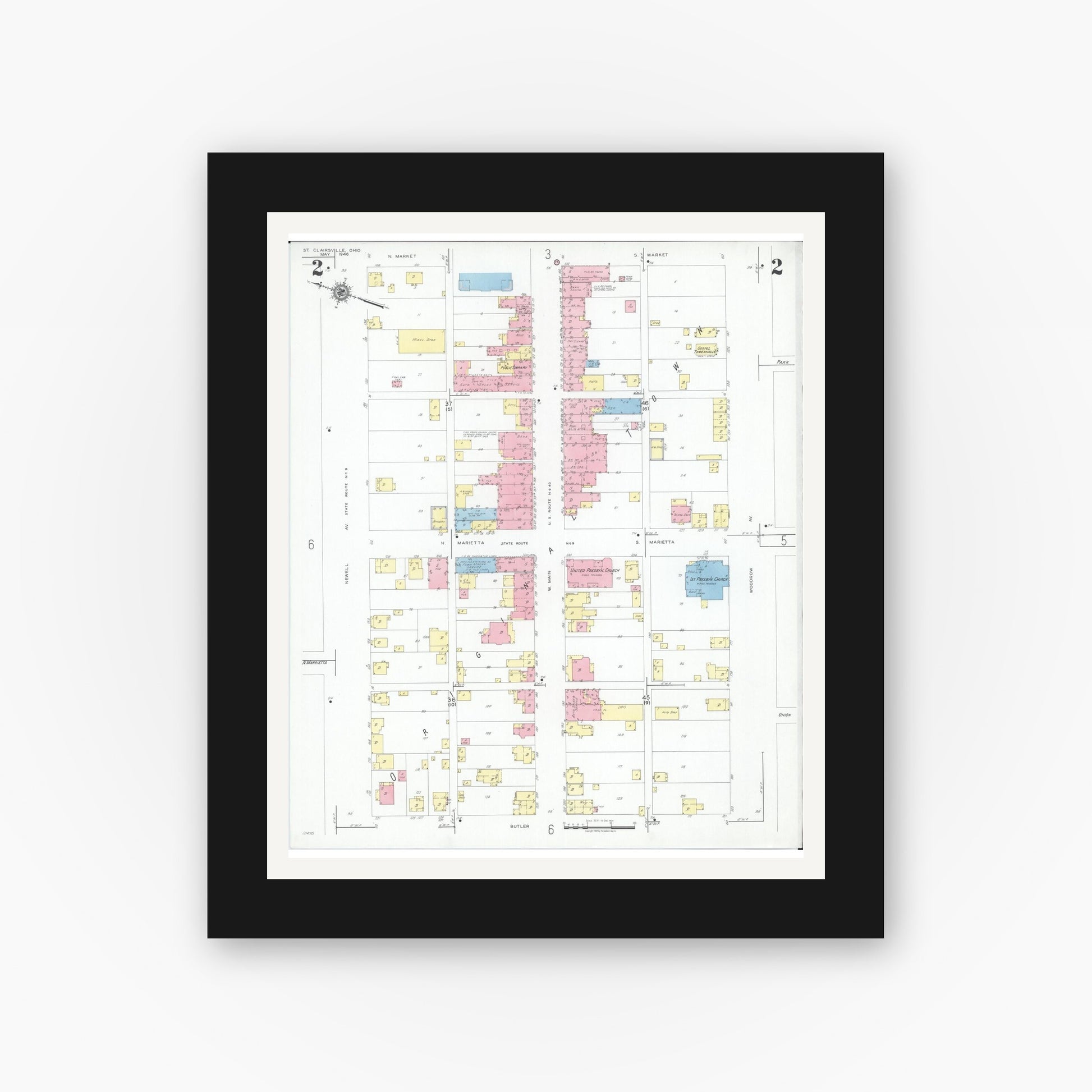Old map wall art mockup — black gallery frame with white mat — Sanborn Fire Insurance Map from Saint Clairsville, Belmont County, Ohio (1946), Sheet #0002