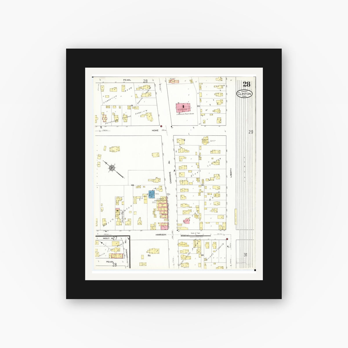 Old map wall art mockup — black gallery frame with white mat — Sanborn Fire Insurance Map from Clinton, Clinton County, Iowa (1917), Sheet #0028