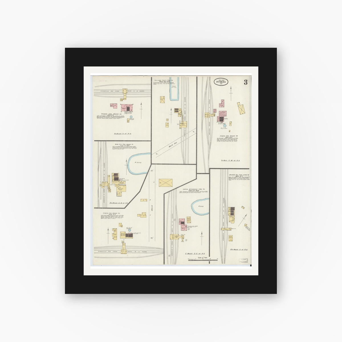 Old map wall art mockup — black gallery frame with white mat — Sanborn Fire Insurance Map from Hymera, Sullivan County, Indiana (1904), Sheet #0003