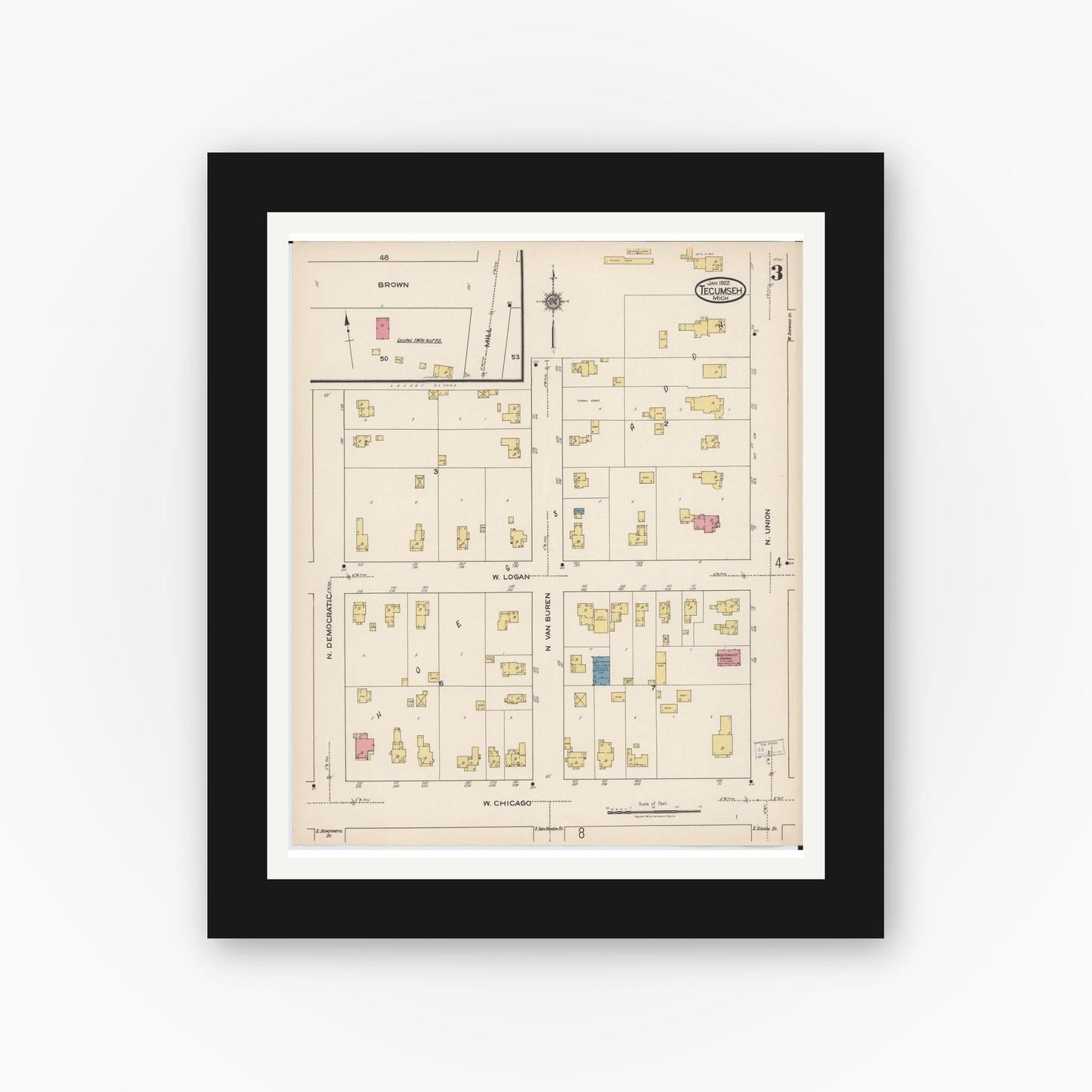 Old map wall art mockup — black gallery frame with white mat — Sanborn Fire Insurance Map from Tecumseh, Lenawee County, Michigan (1922), Sheet #0003
