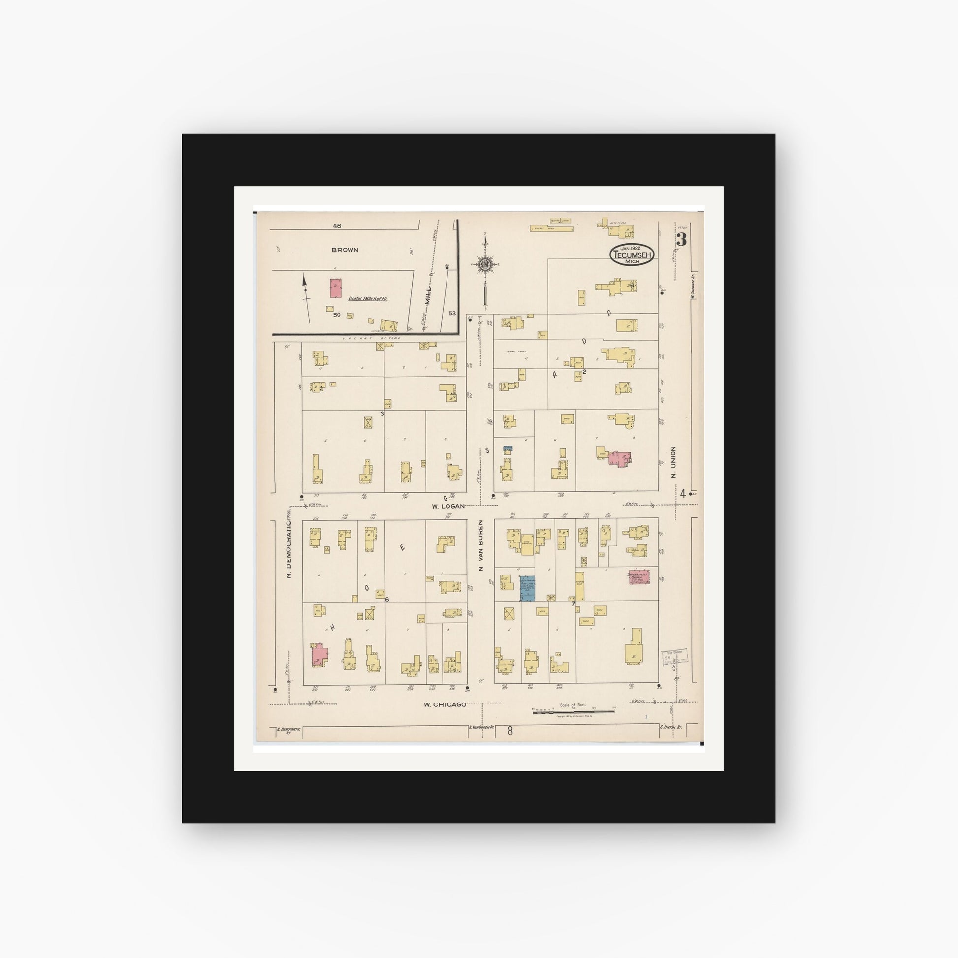 Old map wall art mockup — black gallery frame with white mat — Sanborn Fire Insurance Map from Tecumseh, Lenawee County, Michigan (1922), Sheet #0003