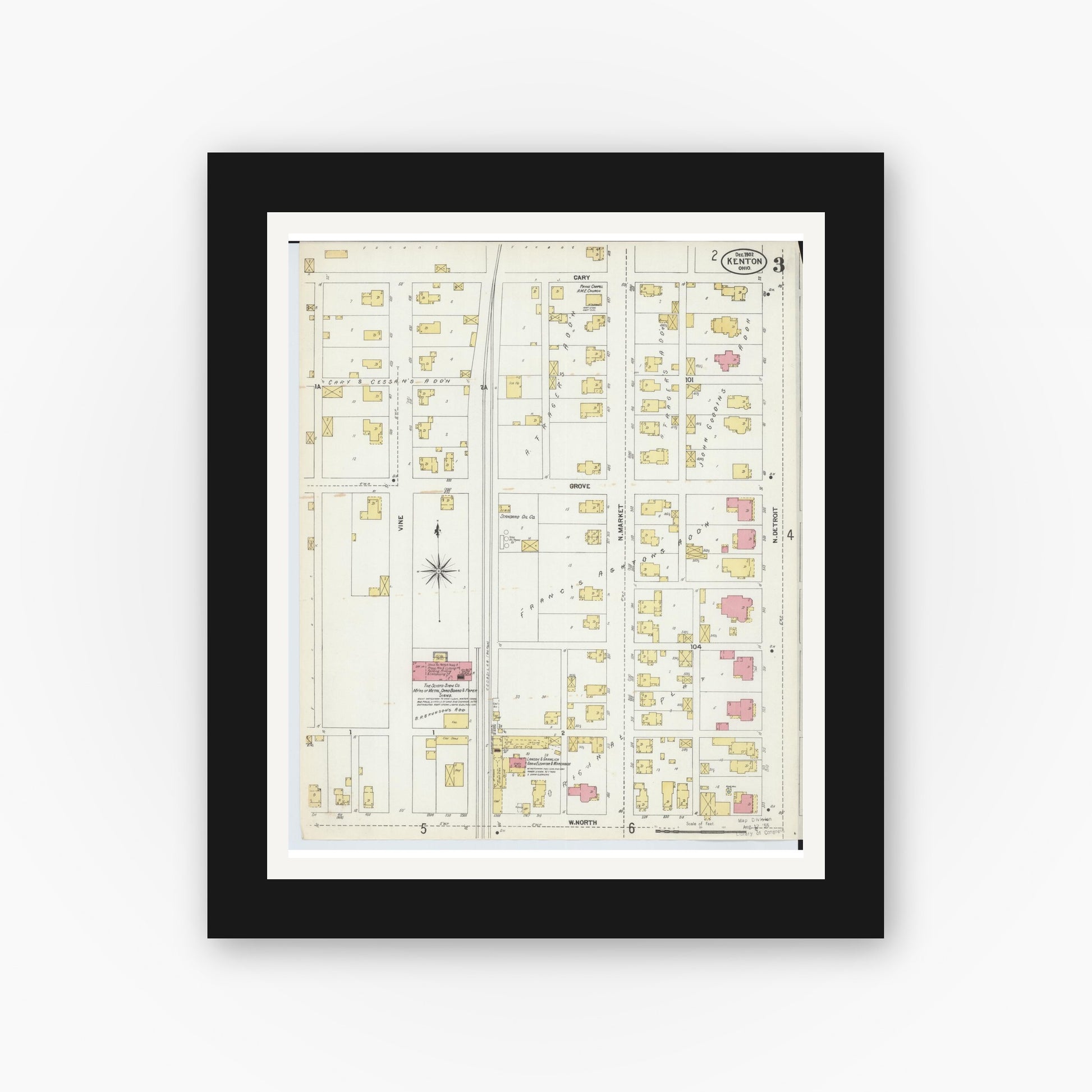 Old map wall art mockup — black gallery frame with white mat — Sanborn Fire Insurance Map from Kenton, Hardin County, Ohio (1902), Sheet #0003