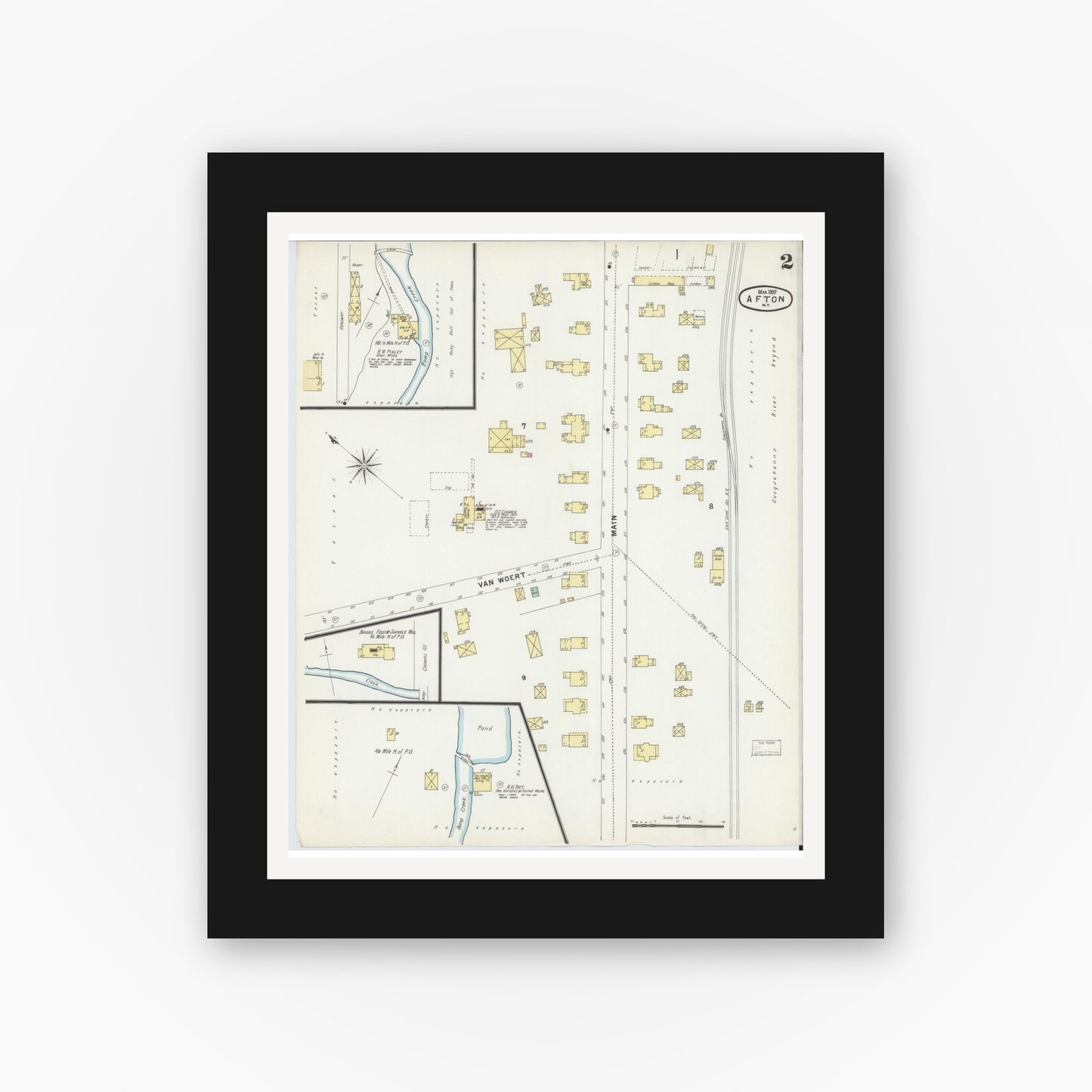 Old map wall art mockup — black gallery frame with white mat — Sanborn Fire Insurance Map from Afton, Chenango County, New York (1897), Sheet #0002