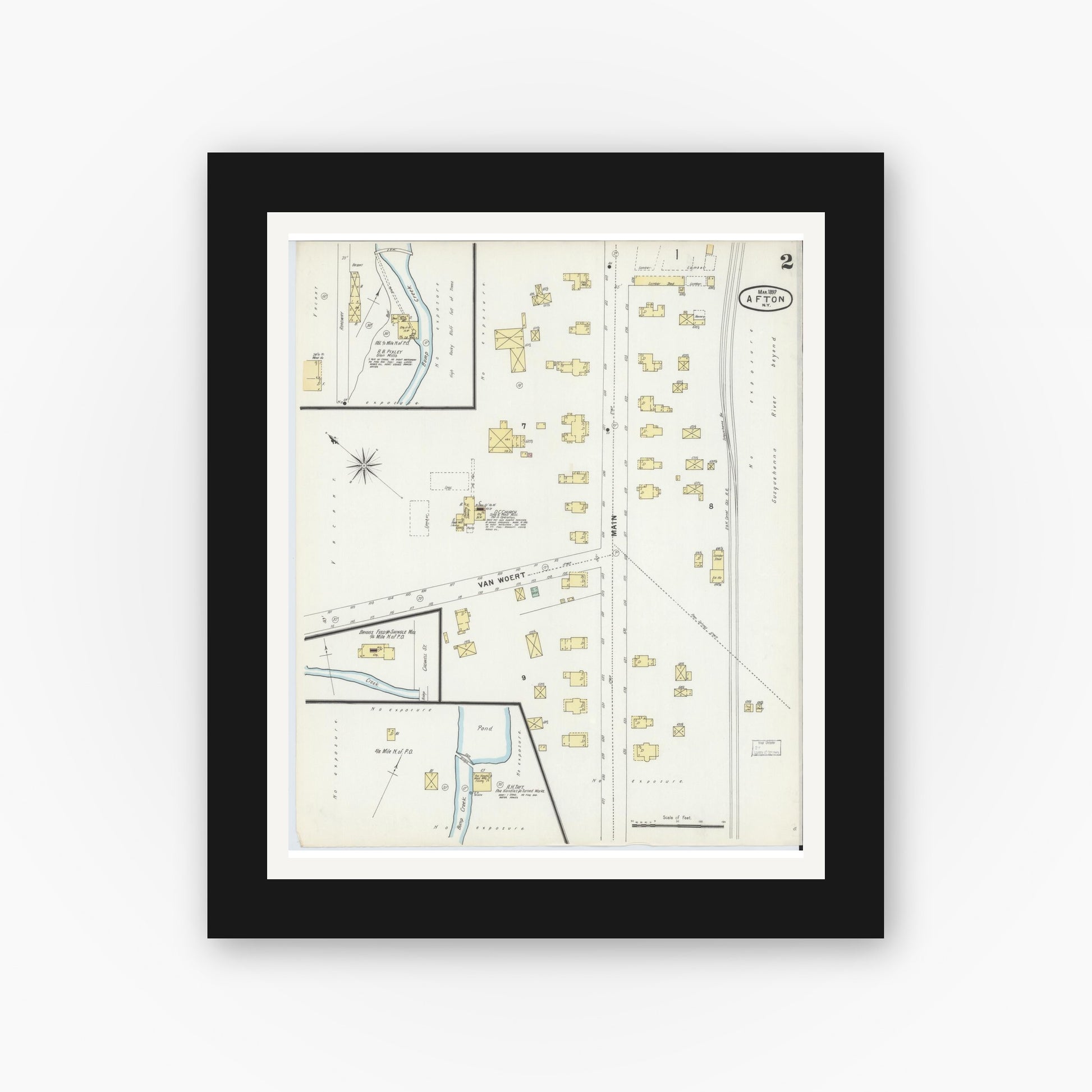 Old map wall art mockup — black gallery frame with white mat — Sanborn Fire Insurance Map from Afton, Chenango County, New York (1897), Sheet #0002