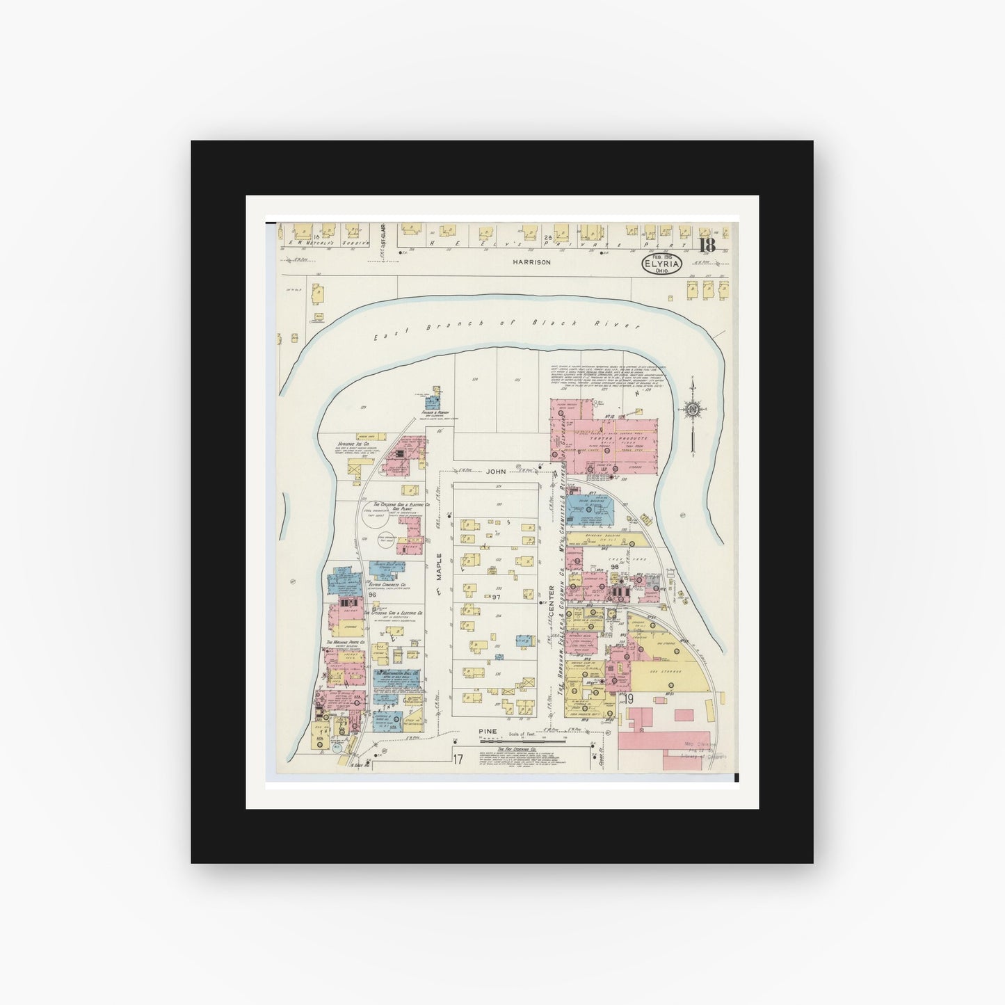 Old map wall art mockup — black gallery frame with white mat — Sanborn Fire Insurance Map from Elyria, Lorain County, Ohio (1915), Sheet #0018