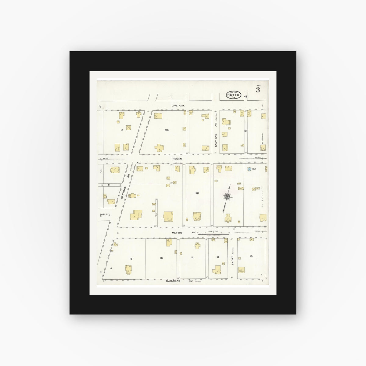 Old map wall art mockup — black gallery frame with white mat — Sanborn Fire Insurance Map from Hutto, Williamson County, Texas (1921), Sheet #0003